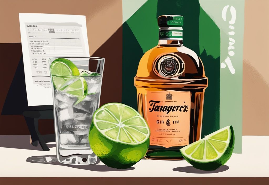 Nahaufnahme einer modernen Illustration mit braunem Farbschema: Eine Flasche Tanqueray Gin, ein Glas mit Gin Tonic, eine Limettenscheibe und eine Punktetafel mit Testergebnissen. Schlüsselwort: Tanqueray Gin Test.