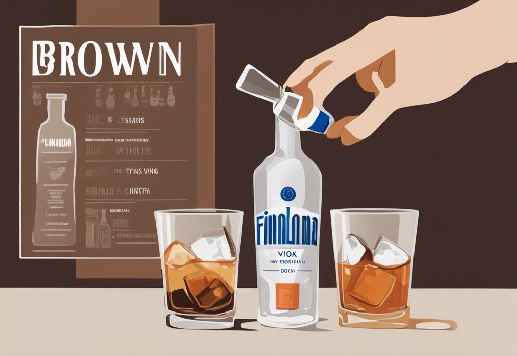 Moderne Gemäldeillustration mit braunem Farbthema: Eine Hand gießt Finlandia Vodka in ein Schnapsglas, im Hintergrund eine Reihe von verschiedenen Finlandia Vodka Flaschen und ein Geschmackstest-Bewertungsbogen. Keyword: Finlandia Vodka Geschmackstest.