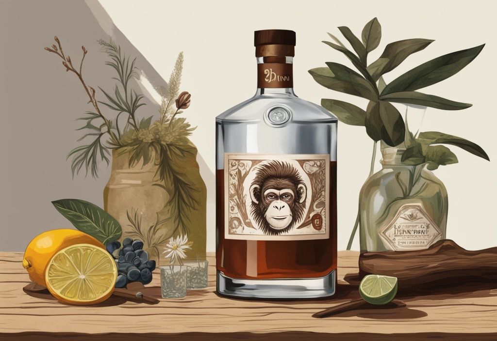 Modernes Gemälde mit braunem Farbschema zeigt eine Flasche Monkey 47 Gin auf rustikalem Holztisch, umgeben von Botanicals, mit einem Verkostungsglas; Monkey 47 Gin Test.