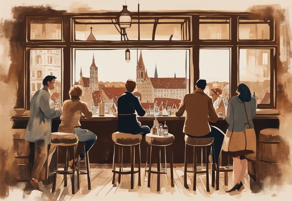 Moderne Malerei-Illustration in Brauntönen: Gruppe von Menschen genießt verschiedene Gins in rustikaler Bar mit ikonischer Münchener Stadtsilhouette im Hintergrund.