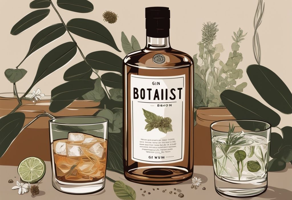 Moderne Malerei mit braunem Farbschema, Glas Gin auf Eis neben einer Flasche The Botanist Gin, umgeben von verschiedenen Botanicals zur Destillation.