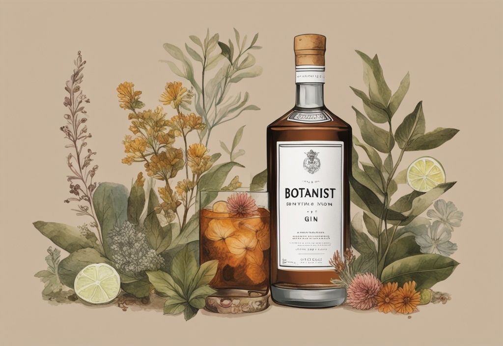 Moderne Illustration mit braunem Farbschema: Eine Flasche The Botanist Gin zentral platziert, umgeben von Botanicals, die in seiner Herstellung verwendet werden, mit einem Glas Gin Tonic daneben. The Botanist Gin Bewertung.