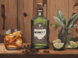 Modernes Gemälde mit brauner Farbgebung zeigt eine Flasche Monkey 47 Gin auf einem rustikalen Holztisch, umgeben von Botanicals und einem Verkostungsglas; ideal für Monkey 47 Gin Test.