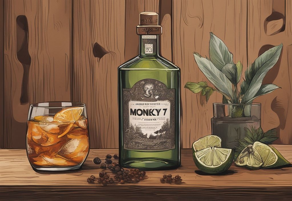 Modernes Gemälde mit brauner Farbgebung zeigt eine Flasche Monkey 47 Gin auf einem rustikalen Holztisch, umgeben von Botanicals und einem Verkostungsglas; ideal für Monkey 47 Gin Test.