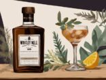 Moderne Malerei mit braunem Farbschema, Whitley Neill Gin prominent auf rustikalem Holztisch mit frischen Botanicals und Tasting-Glas, Whitley Neill Gin Bewertung.