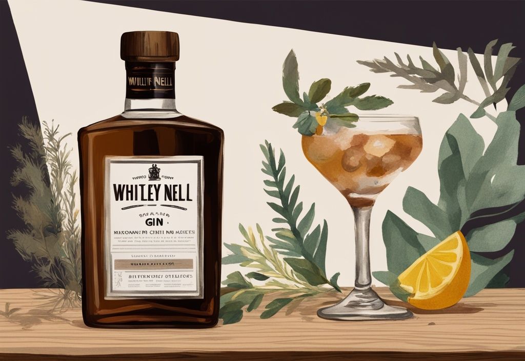 Moderne Malerei mit braunem Farbschema, Whitley Neill Gin prominent auf rustikalem Holztisch mit frischen Botanicals und Tasting-Glas, Whitley Neill Gin Bewertung.