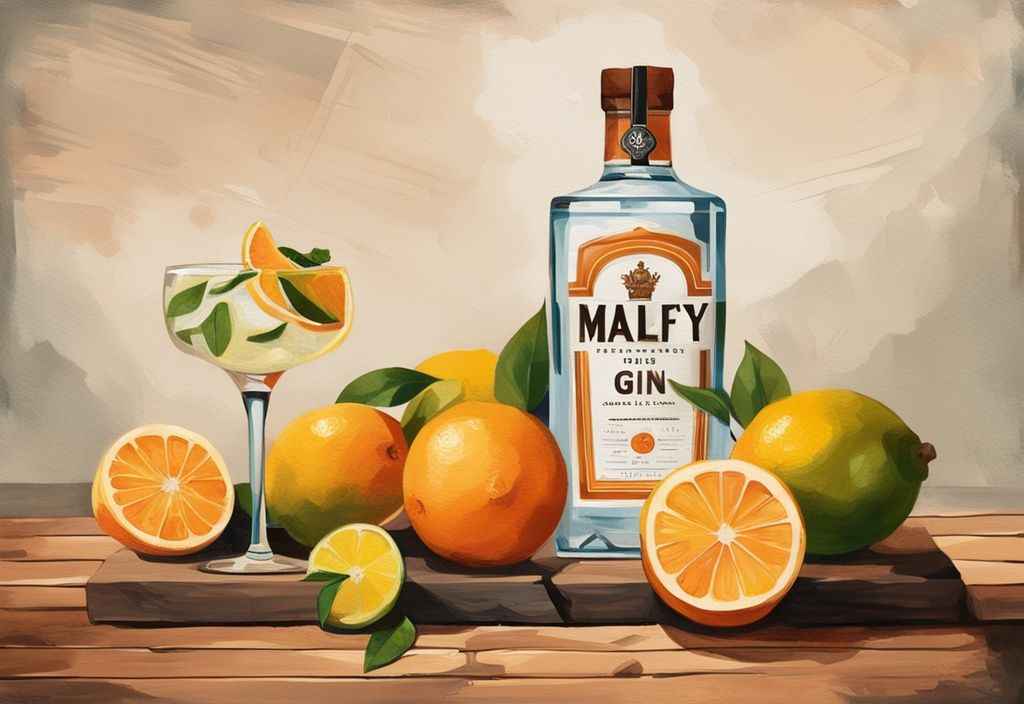 Moderne Malerei-Illustration mit braunem Farbschema, zeigt eine Flasche Malfy Gin, umgeben von frischen Zitrusfrüchten und einem gefüllten Gin-Glas, auf einem rustikalen Holztisch.