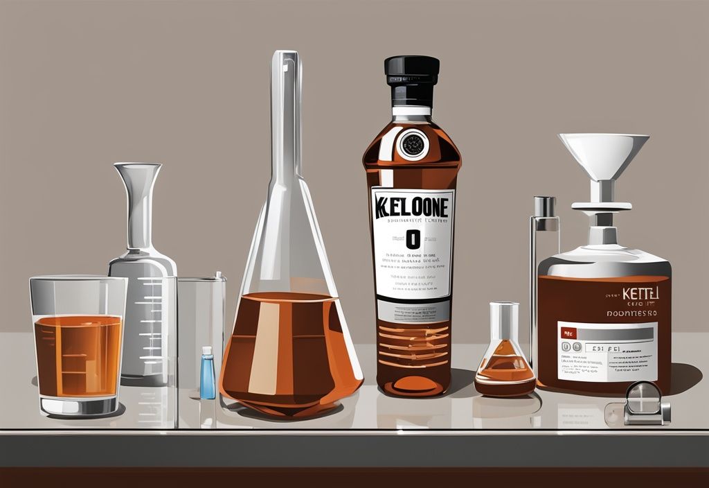 Moderne Gemälde-Illustration mit braunem Farbthema, schlanke Ketel One Vodka-Flasche auf reflektierender Oberfläche, umgeben von Testgeräten wie Refraktometer, Hydrometer und Verkostungsgläsern.