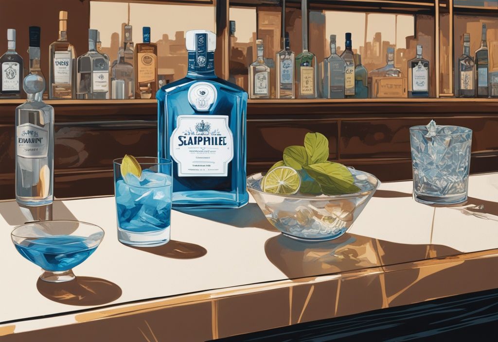 Moderne Malerei-Illustration mit braunem Farbschema zeigt ein kristallklares Glas Bombay Sapphire Gin auf einem eleganten Tresen, umgeben von Botanicals und einer Punktetafel für den Bombay Sapphire Gin Test.