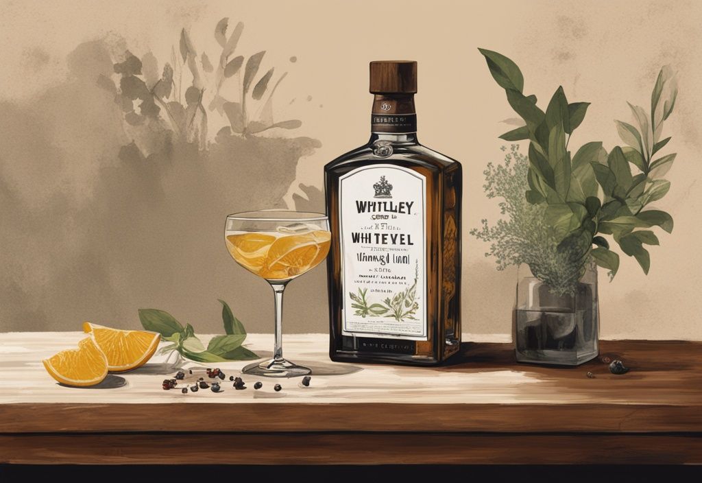 Moderne Malerei mit braunem Farbschema, Whitley Neill Gin Flasche auf rustikalem Tisch, umgeben von frischen Botanicals, mit einem Glas Gin daneben.