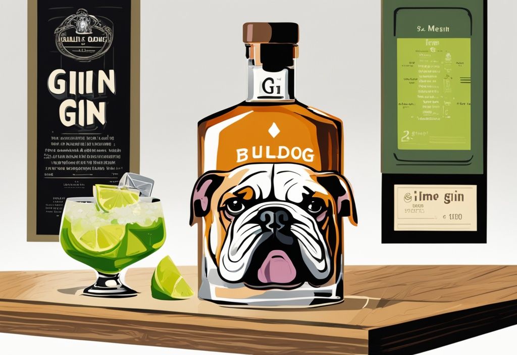 Moderne Malerei-Illustration mit braunem Farbthema, ein kristallklares Gin-Glas gefüllt mit Bulldog Gin, garniert mit einer Limettenscheibe auf einer eleganten Bartheke, daneben die ikonische Bulldog Gin Flasche und eine Punktetafel.