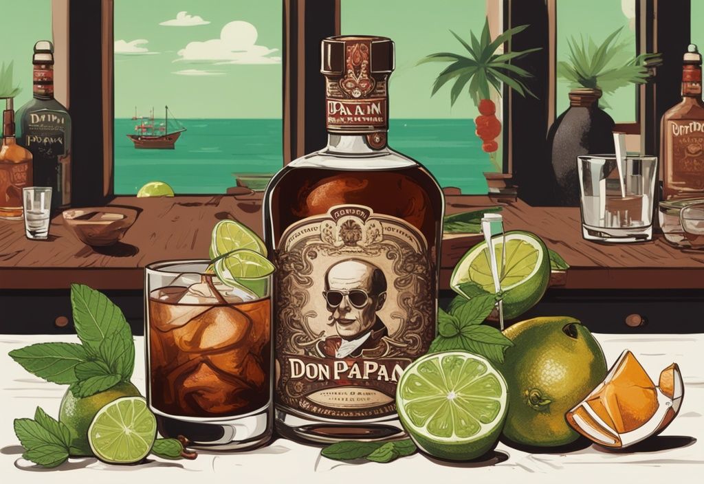 Moderne Illustration mit braunem Farbschema: Don Papa Rum Flasche auf einem Tisch mit Gläsern, Cocktailshaker, frischen Zutaten wie Limette und Minze, bereit für einen Don Papa Rum Test.