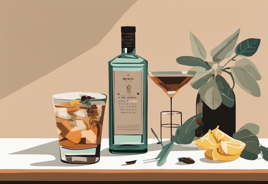 Moderne Illustration mit braunem Farbschema: Siegfried Dry Gin Flasche zentral auf einer eleganten Bar, umgeben von einem Gin-Glas, einer Schale mit frischen Botanicals und einer Punktetafel, die auf einen Siegfried Dry Gin Test hinweist.