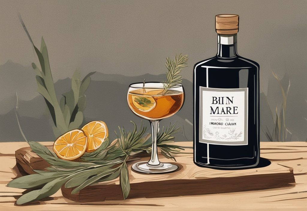 Moderne Malerei-Illustration mit braunem Farbthema, Gin Mare Flasche auf rustikalem Holztisch mit Botanicals und Verkostungsglas, Gin Mare Test.