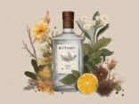 Moderne Illustration mit braunem Farbschema: Eine Flasche The Botanist Gin zentral platziert, umgeben von verschiedenen Botanicals, mit einem Glas Gin Tonic an der Seite. The Botanist Gin Bewertung.