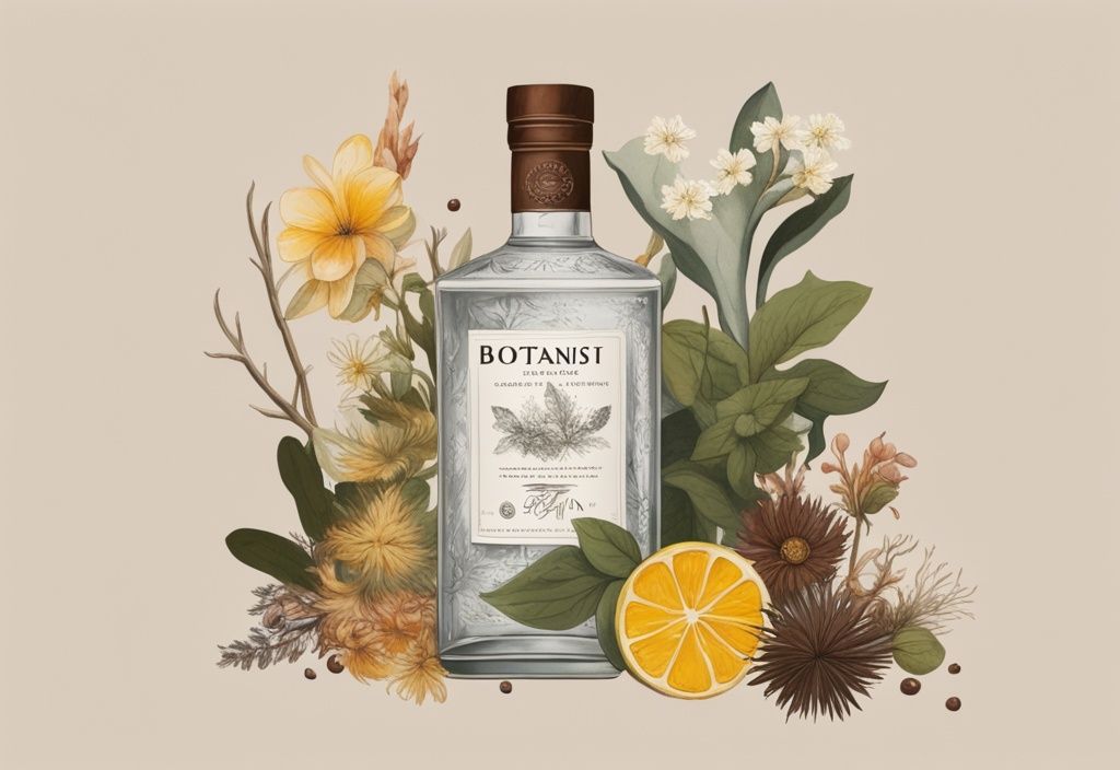 Moderne Illustration mit braunem Farbschema: Eine Flasche The Botanist Gin zentral platziert, umgeben von verschiedenen Botanicals, mit einem Glas Gin Tonic an der Seite. The Botanist Gin Bewertung.