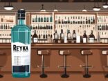 Moderne Malerei-Illustration mit braunem Farbschema, ein klares Glas Reyka Vodka auf einer eleganten Bartheke, im Hintergrund eine Reyka-Flasche und eine Bewertungskarte für den Reyka Vodka Test.