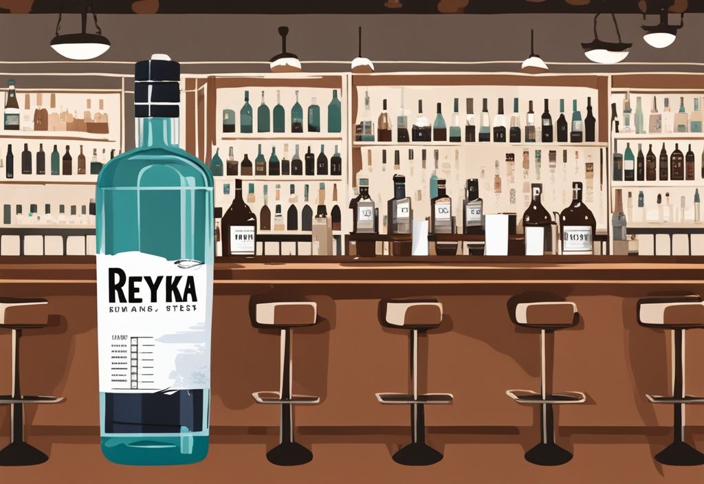 Moderne Malerei-Illustration mit braunem Farbschema, ein klares Glas Reyka Vodka auf einer eleganten Bartheke, im Hintergrund eine Reyka-Flasche und eine Bewertungskarte für den Reyka Vodka Test.