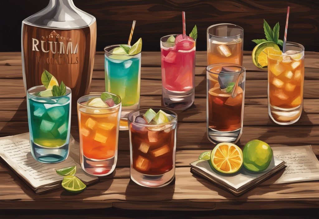 Moderne Malerei-Illustration mit braunem Farbthema: Bunte Rum-Cocktails auf rustikalem Holztisch, individuell garniert, mit aufgeschlagenem Rezeptbuch für Rum-Cocktails im Hintergrund.