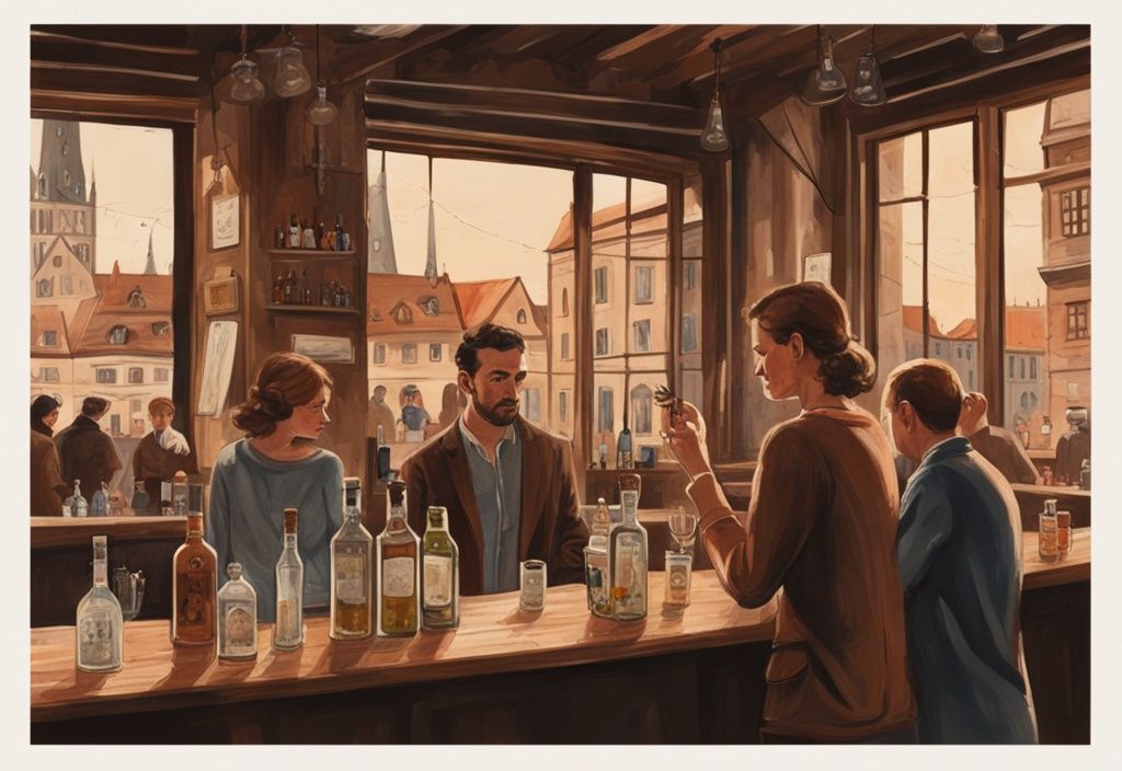 Moderne Malerei-Illustration in Brauntönen: Gruppe von Menschen genießt verschiedene Gin-Sorten in rustikaler Bar, mit ikonischer Münchner Stadtsilhouette im Hintergrund sichtbar.