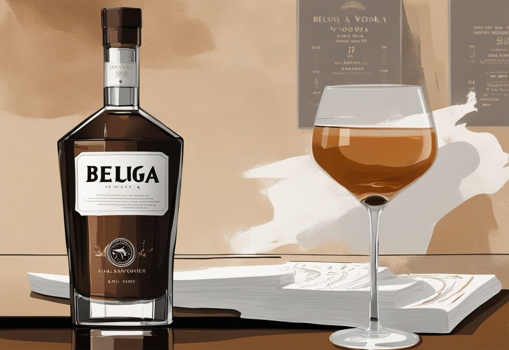 Moderne Malerei mit braunem Farbschema, ein Glas Beluga Vodka auf einer eleganten Bartheke, Beluga Vodka Flasche im Hintergrund und eine Bewertungskarte daneben - Beluga Vodka Test.