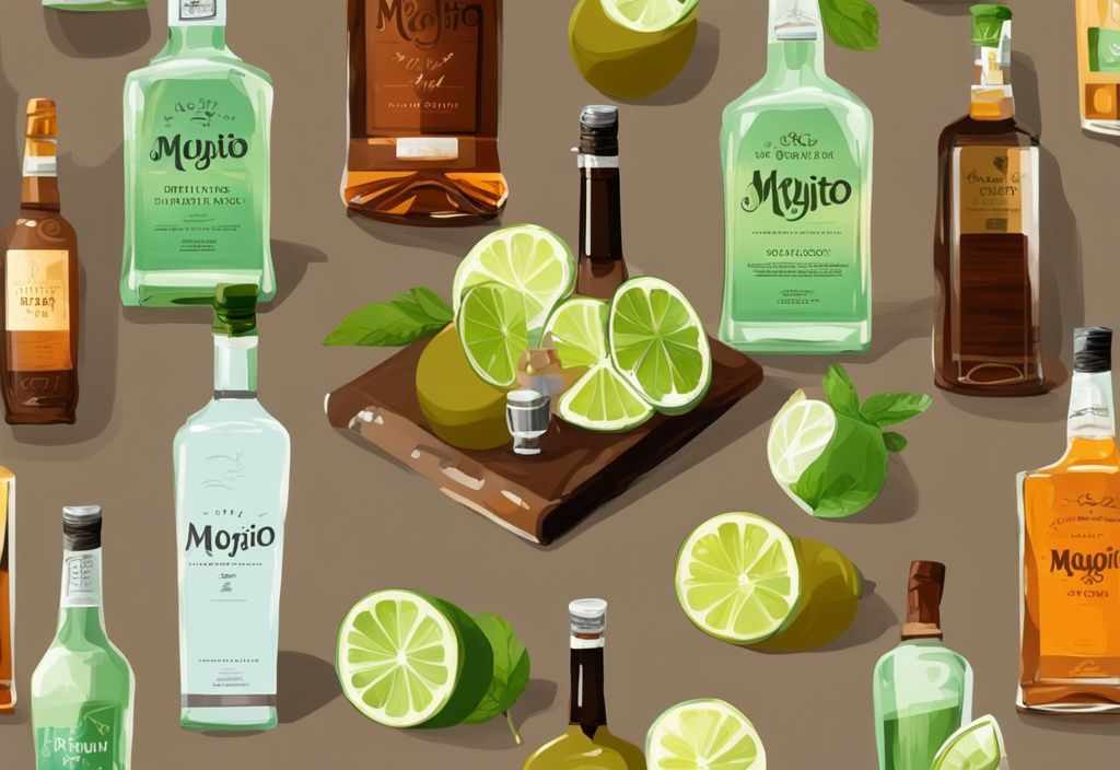 Moderne Malerei mit braunem Farbschema, verschiedene Rumflaschen neben frisch zubereitetem Mojito, Fokus auf ausgewählte Flasche für den Cocktail.