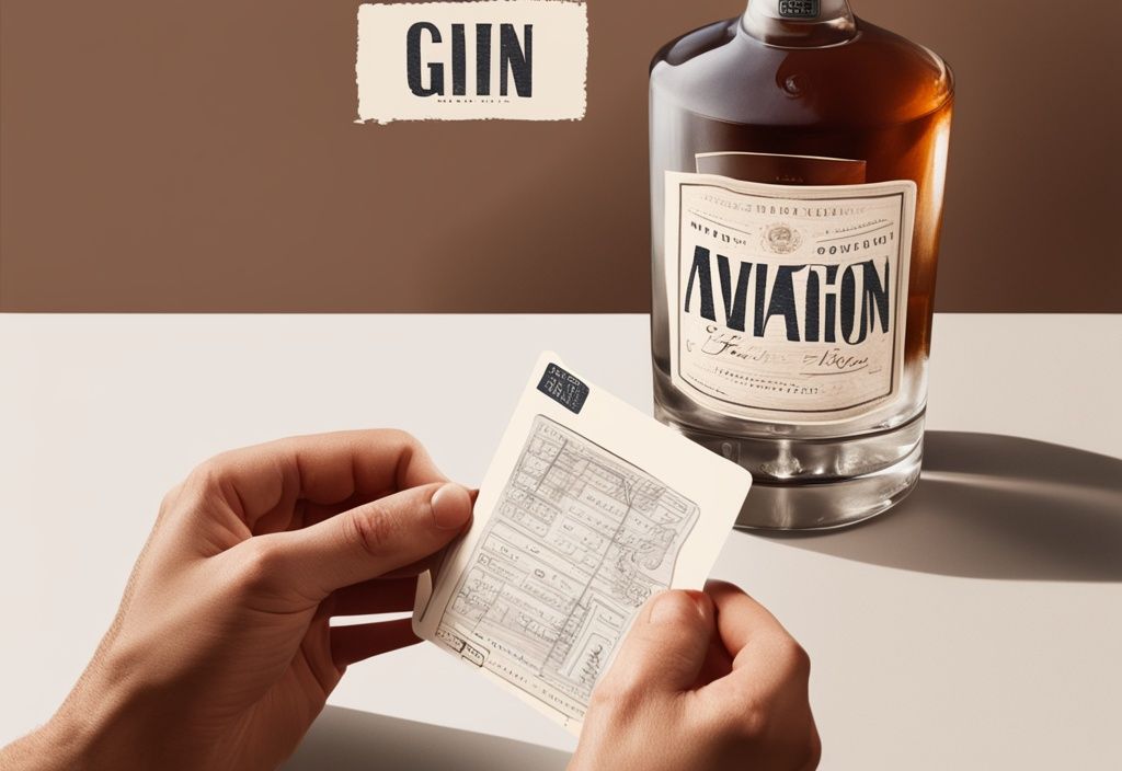 Nahaufnahme einer Hand, die ein Glas Aviation Gin hält, mit einem Verkostungsnotizblatt und einer unscharfen Flasche im Hintergrund; modernes Gemälde mit braunem Farbschema - Aviation Gin Test.