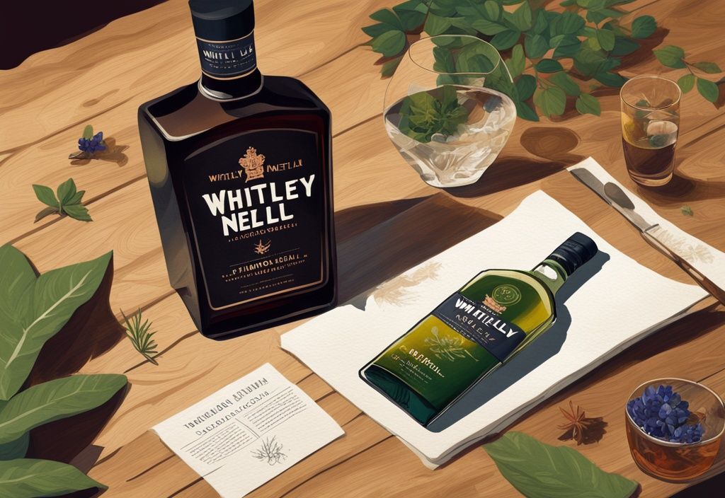 Moderne Malerei mit braunem Farbschema: Whitley Neill Gin Flasche auf rustikalem Holztisch, umgeben von frischen Botanicals, mit einem Verkostungsglas gefüllt mit Gin – Whitley Neill Gin Bewertung.