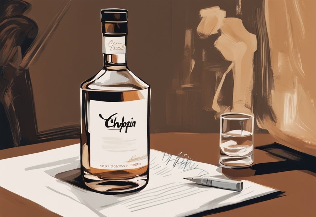 Moderne Malerei-Illustration mit braunem Farbschema, Chopin Vodka Flasche im Vordergrund, Glas mit Wodka daneben, unscharfe Person im Hintergrund schreibt eine Rezension.