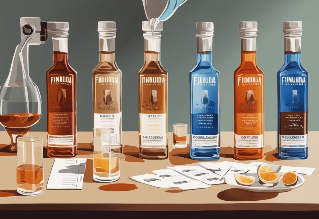 Moderne Illustration eines Geschmackstests von Finlandia Vodka: Eine Hand gießt Finlandia Vodka in ein Schnapsglas, im Hintergrund stehen verschiedene aromatisierte Finlandia Vodka Flaschen und eine Bewertungskarte.