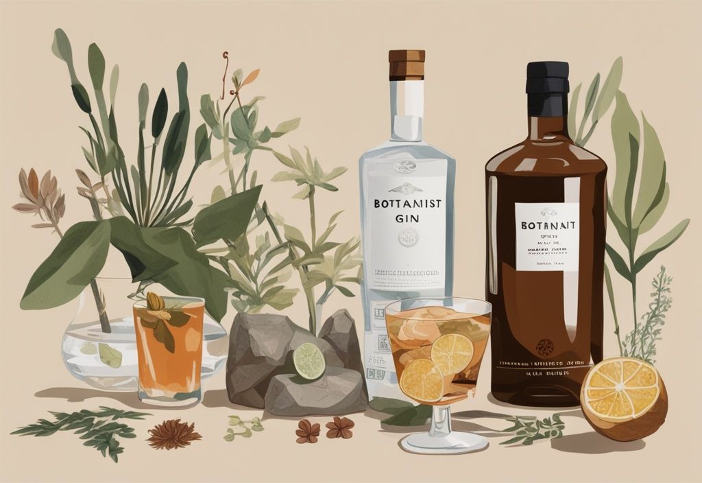 Moderne Malerei mit Brauntönen, Glas Gin on the Rocks neben einer Flasche The Botanist Gin, umgeben von verschiedenen Botanicals der Destillation.