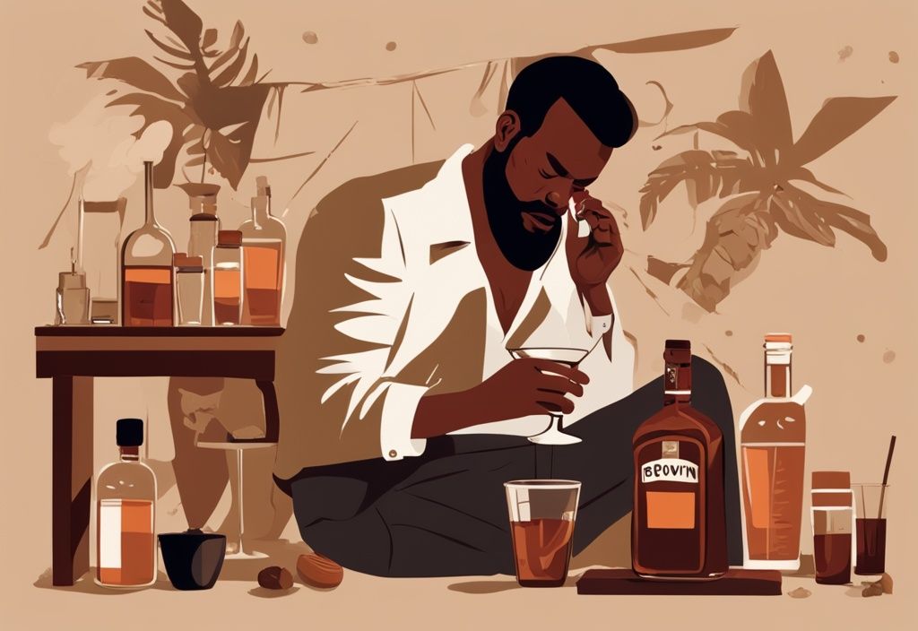 Moderner Gemäldeillustration eines entspannten Mannes mit braunem Farbschema, der Rum aus einem Glas trinkt, umgeben von einer Rumflasche, einem Cocktailshaker und verschiedenen Mixern.