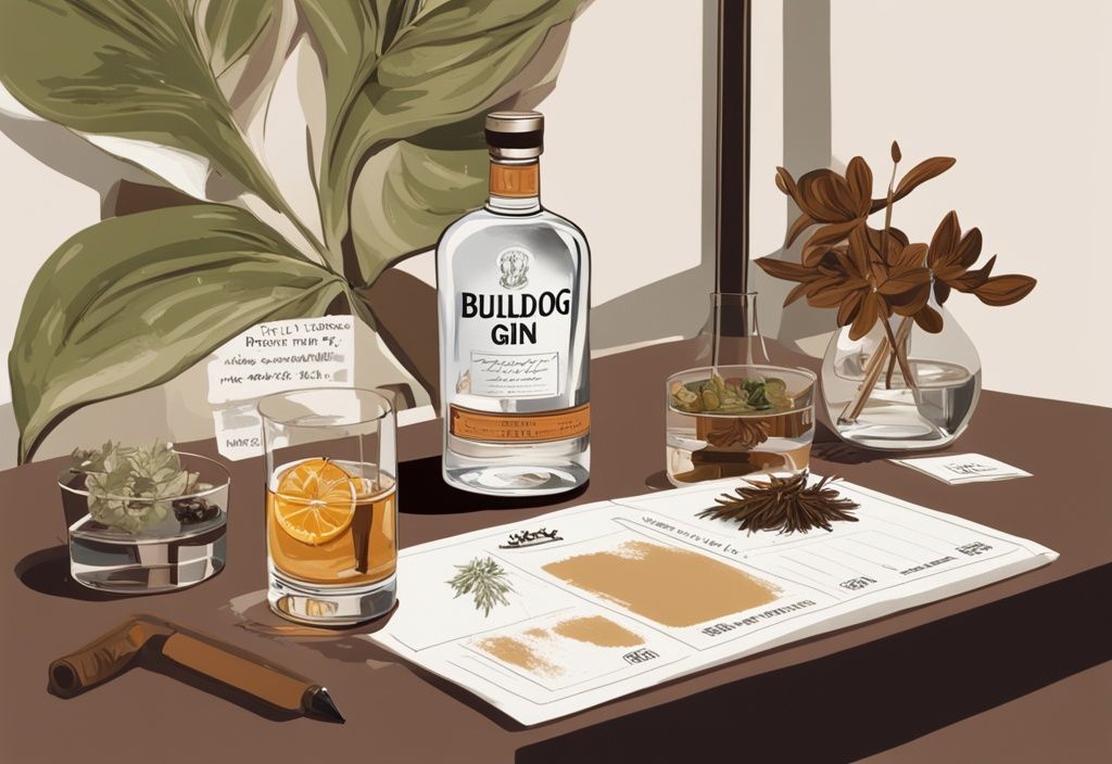 Moderne Malerei-Illustration in Brauntönen mit einem klaren Glas Bulldog Gin auf einem Tisch, umgeben von Botanicals, einem Bewertungsbogen und einem Stift, die auf eine Bulldog Gin Test-Verkostung hinweisen.