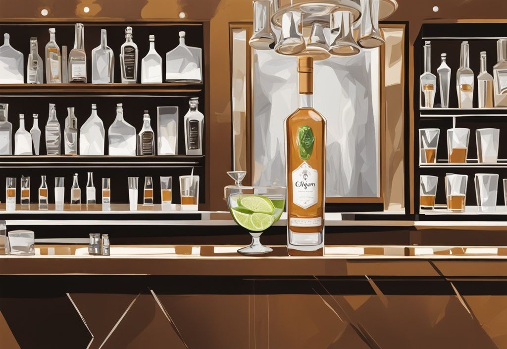 Modernes Gemälde mit braunem Farbschema zeigt eine Flasche Chopin Vodka auf einer eleganten Bar, umgeben von einem Kristallglas mit klarem Spiritus, einem Eiskübel und Limettenscheiben, ideal für eine Chopin Vodka Bewertung.