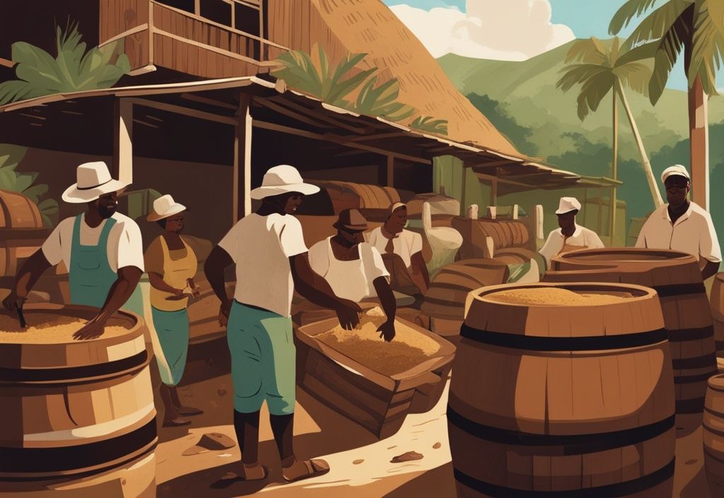 Moderne Illustration einer karibischen Rum Herstellung mit brauner Farbpalette, die Arbeiter bei der Fermentation von Zuckerrohrsaft und dem Lagern des Rums in Holzfässern zeigt.