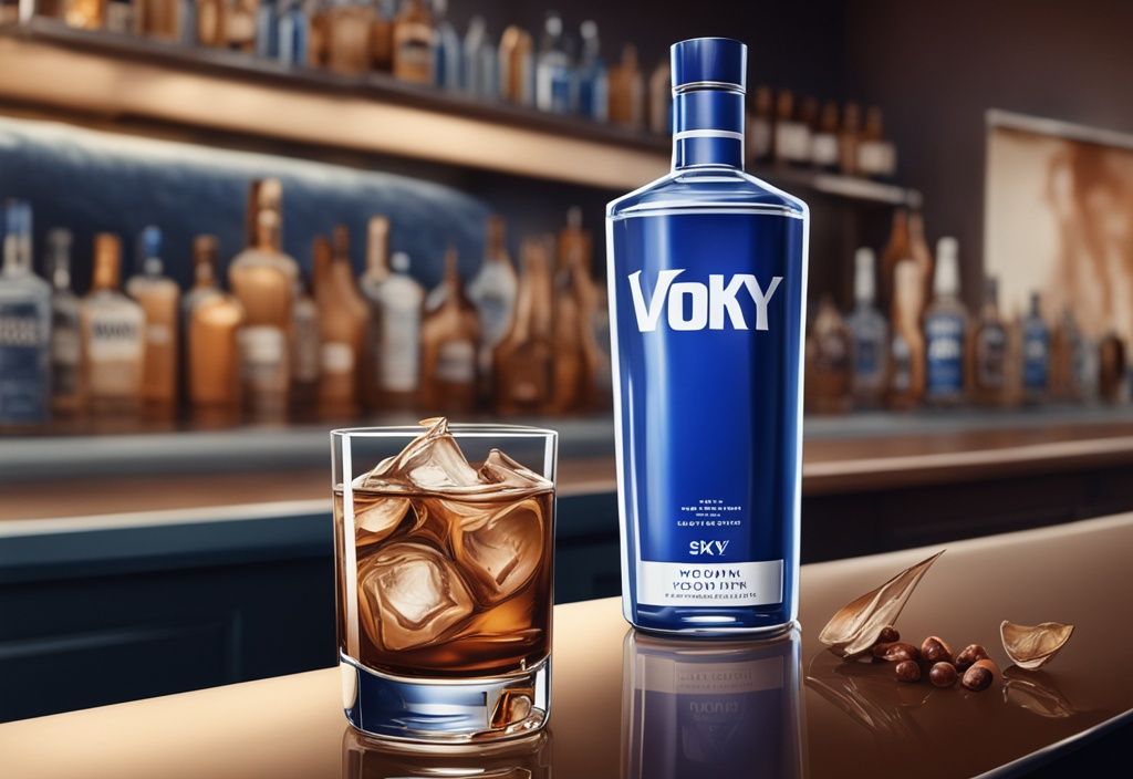 Nahaufnahme einer modernen Illustration mit braunem Farbschema: Skyy Vodka Flasche und Glas mit klarem Getränk auf elegantem Bartresen, passend zur Skyy Vodka Bewertung.