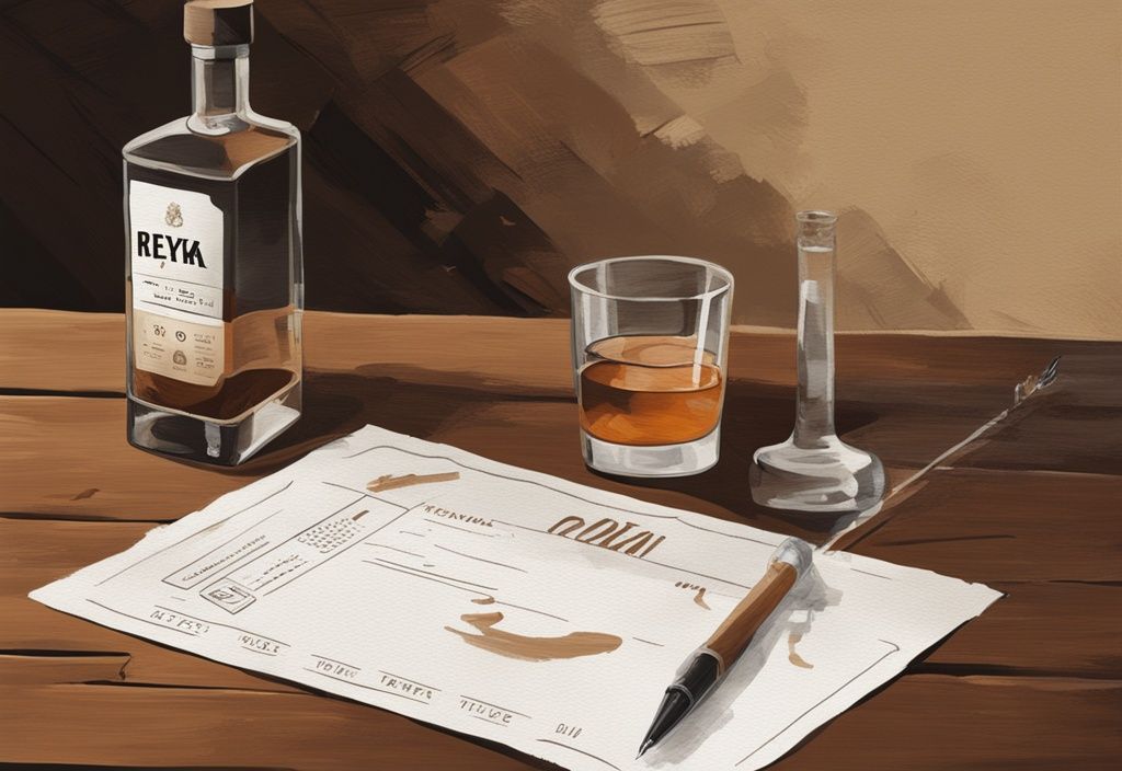 Moderne Gemäldeillustration mit braunem Farbthema, Glas gefüllt mit Reyka Vodka neben leerer Flasche auf rustikalem Holztisch, Verkostungsbewertungskarte und Stift in der Nähe.