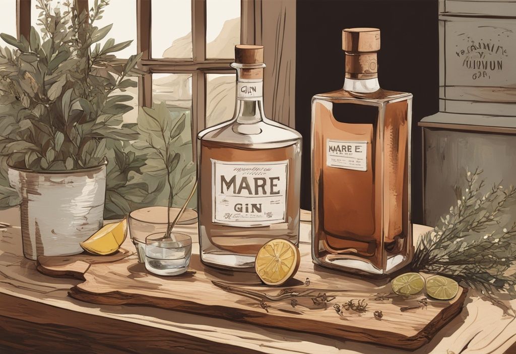 Modernes Gemälde mit braunem Farbschema, Gin Mare Flasche auf rustikalem Holztisch mit Botanicals und Verkostungsglas, Gin Mare Test.