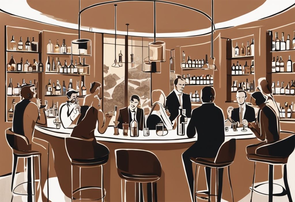 Moderne Malerei-Illustration mit Brauntönen: Gruppe von Menschen genießt eine Gin Tasting-Session in einer modernen, gehobenen Bar in Stuttgart.