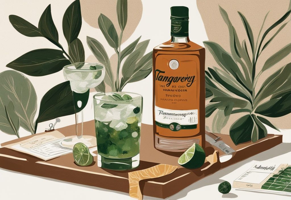 Moderne Malerei-Illustration mit braunem Farbthema, ein klares Glas Tanqueray Gin auf einem Tisch, umgeben von Botanicals, die bei der Herstellung verwendet werden, mit einer Punktetafel daneben.