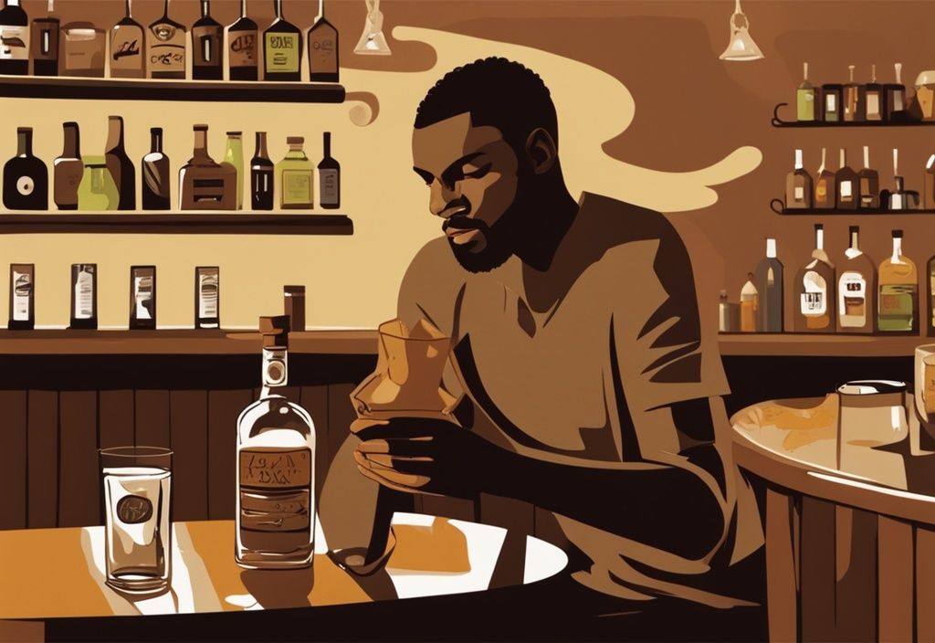 Moderne Illustration eines rustikalen Bars mit einer Person, die ein Glas Rum hält, einer offenen Rumflasche, einer Schale mit Eiswürfeln und einer Limettenscheibe auf dem Tresen – wie trinkt man Rum.