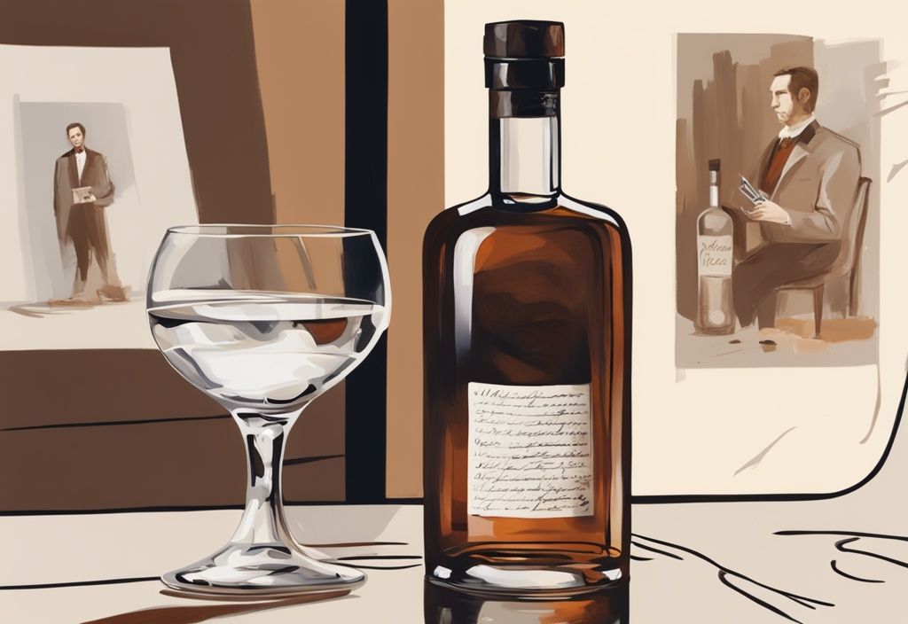 Moderne Illustration mit braunem Farbschema, Chopin Vodka Flasche im Vordergrund, Glas mit Wodka daneben, im Hintergrund unscharfe Person beim Schreiben einer Rezension.