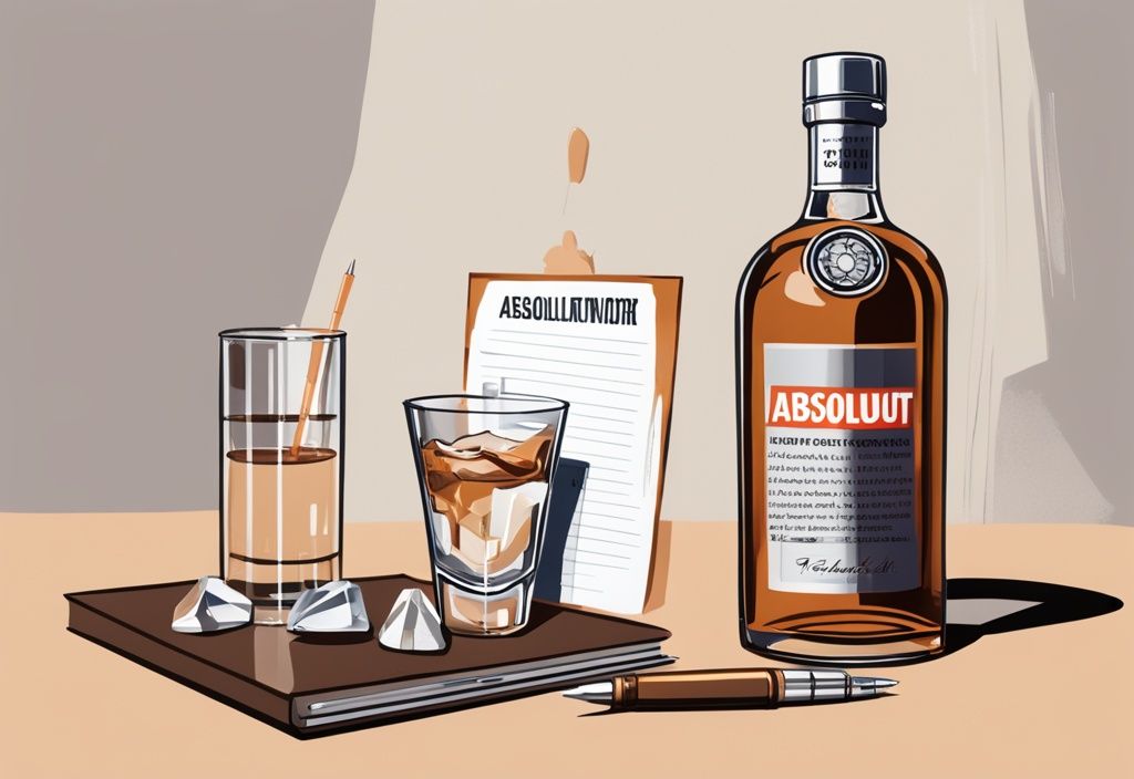 Moderne Malerei mit braunem Farbschema, Absolut Vodka wird in ein Shotglas gegossen, umgeben von Bewertungsbogen und Stift für einen Geschmackstest.