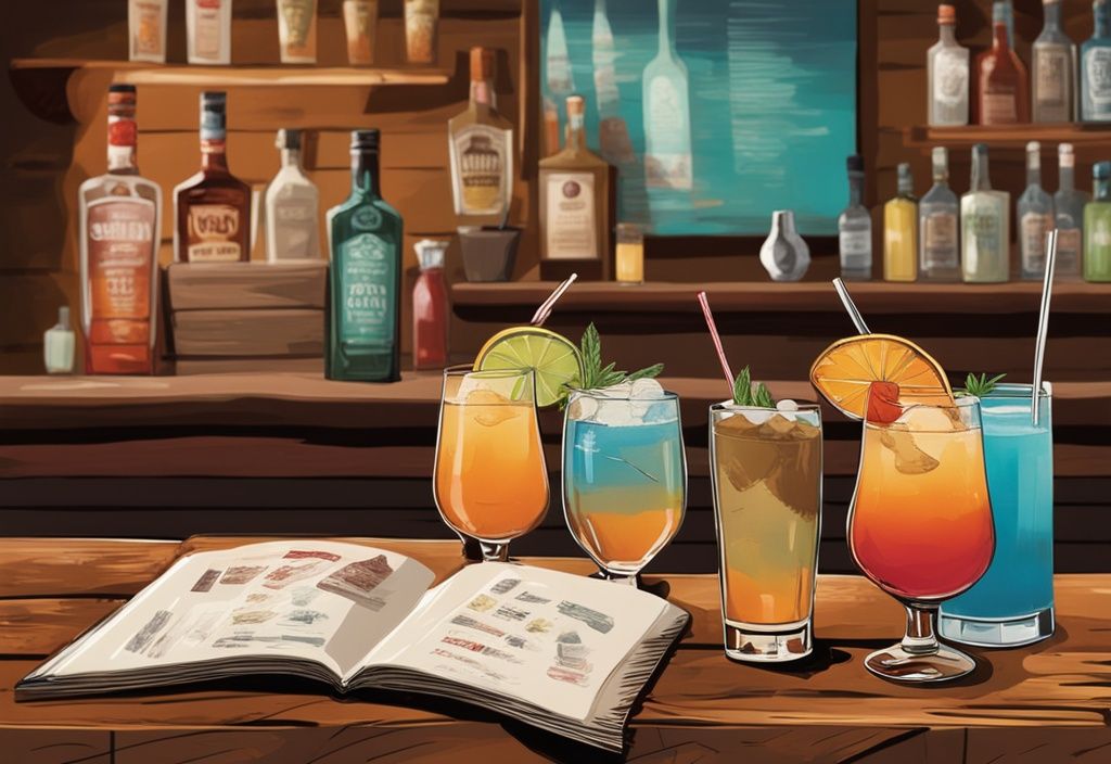 Moderne Malerei-Illustration mit braunem Farbthema, zeigt bunte Rum Cocktails auf rustikalem Holztresen, verschieden garniert, mit einem aufgeschlagenen Rezeptbuch im Hintergrund, Rum Cocktails Rezepte.