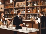 Moderne Malerei einer lebhaften Szene in einer eleganten Gin-Bar in Düsseldorf, mit Schwerpunkt auf Gin Tasting in Düsseldorf, zeigt verschiedene Ginflaschen, einen Barkeeper beim Einschenken einer Gin-Verkostungsreihe und Kunden im Gespräch.