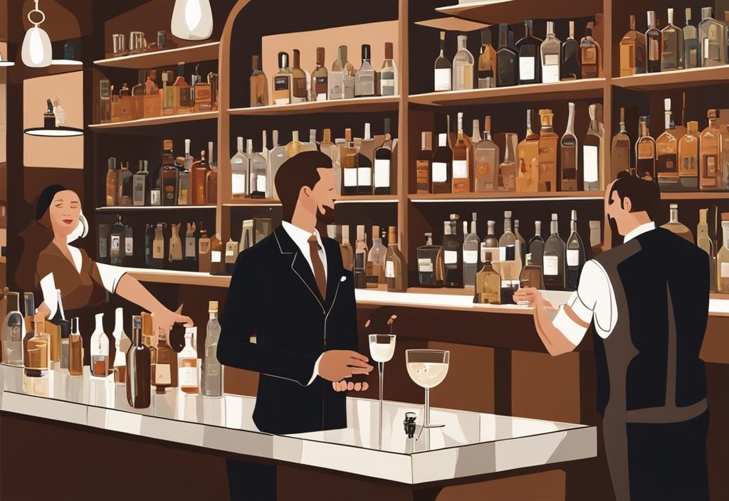 Moderne Malerei einer lebhaften Szene in einer eleganten Gin-Bar in Düsseldorf, mit Schwerpunkt auf Gin Tasting in Düsseldorf, zeigt verschiedene Ginflaschen, einen Barkeeper beim Einschenken einer Gin-Verkostungsreihe und Kunden im Gespräch.