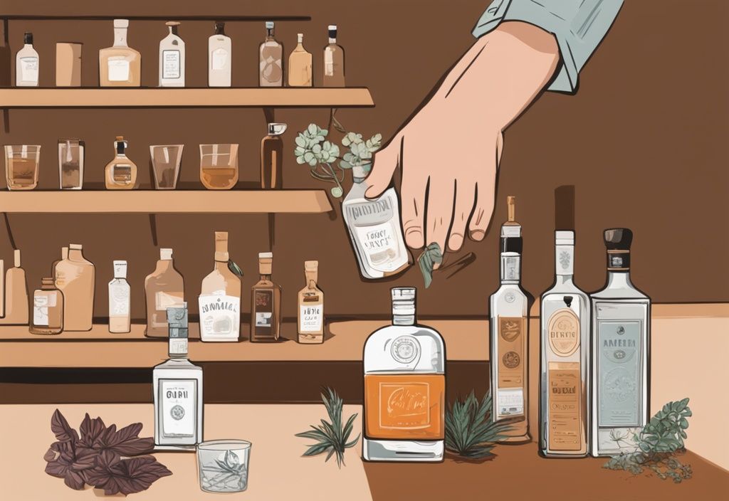 Moderne Illustration mit braunem Farbthema: Eine Flasche Aviation Gin auf einem eleganten Tresen, umgeben von Botanicals, während eine Hand Gin in ein Glas gießt.