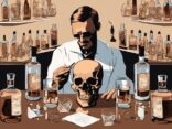 Moderne Malerei-Illustration mit braunem Farbschema, zeigt eine kristallklare, schädelgeformte Wodkaflasche umgeben von Schnapsgläsern; im Hintergrund führt eine Person einen Crystal Head Vodka Test durch.