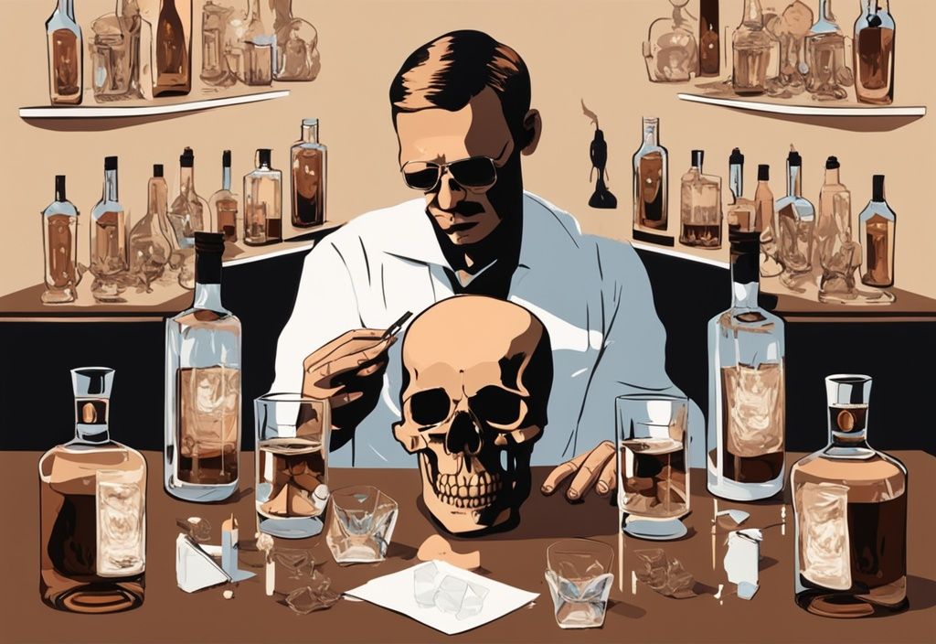 Moderne Malerei-Illustration mit braunem Farbschema, zeigt eine kristallklare, schädelgeformte Wodkaflasche umgeben von Schnapsgläsern; im Hintergrund führt eine Person einen Crystal Head Vodka Test durch.