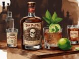 Moderne Malerei-Illustration mit braunem Farbschema: Don Papa Rum Test, Flasche auf einem Tisch mit Gläsern, Cocktailshaker, frischen Zutaten wie Limette und Minze, bereit für eine Verkostungssession.